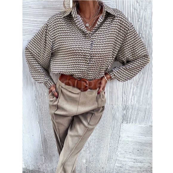 Satin All Over Print Button Down Shirt Oversized Tan Beige Brown Multicolor - Picture 5 of 16